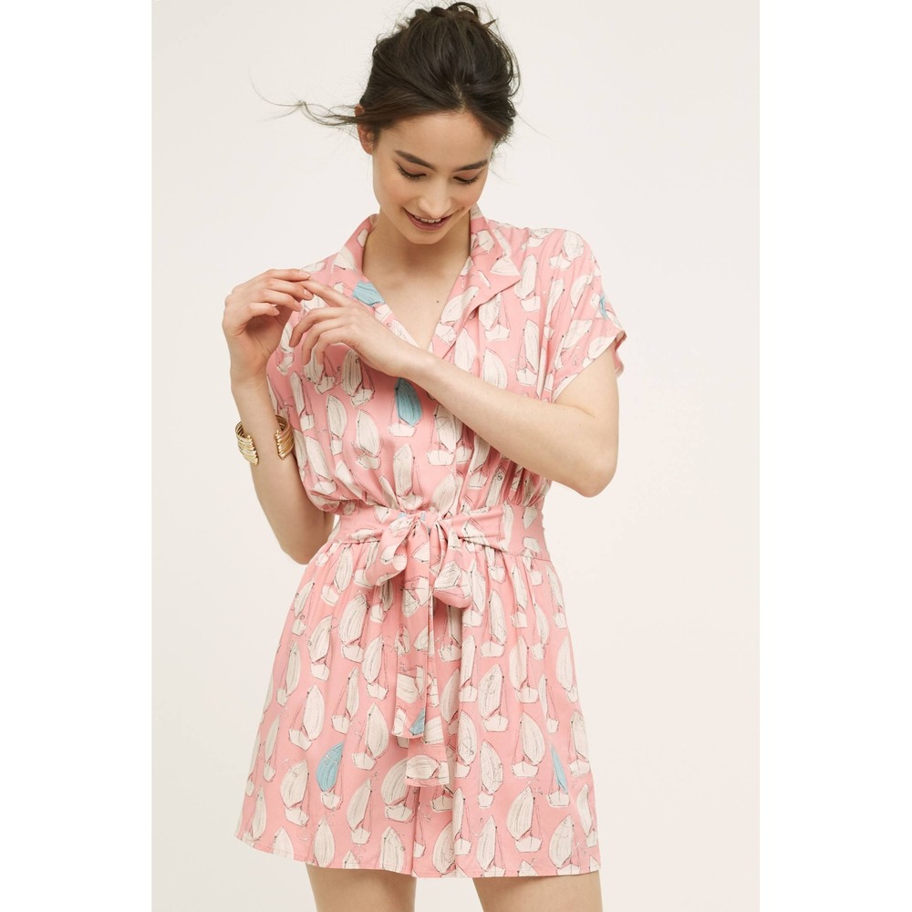 Maeve Anthropologie Pink Sailboat Print Button Front Belted Romper Size 4